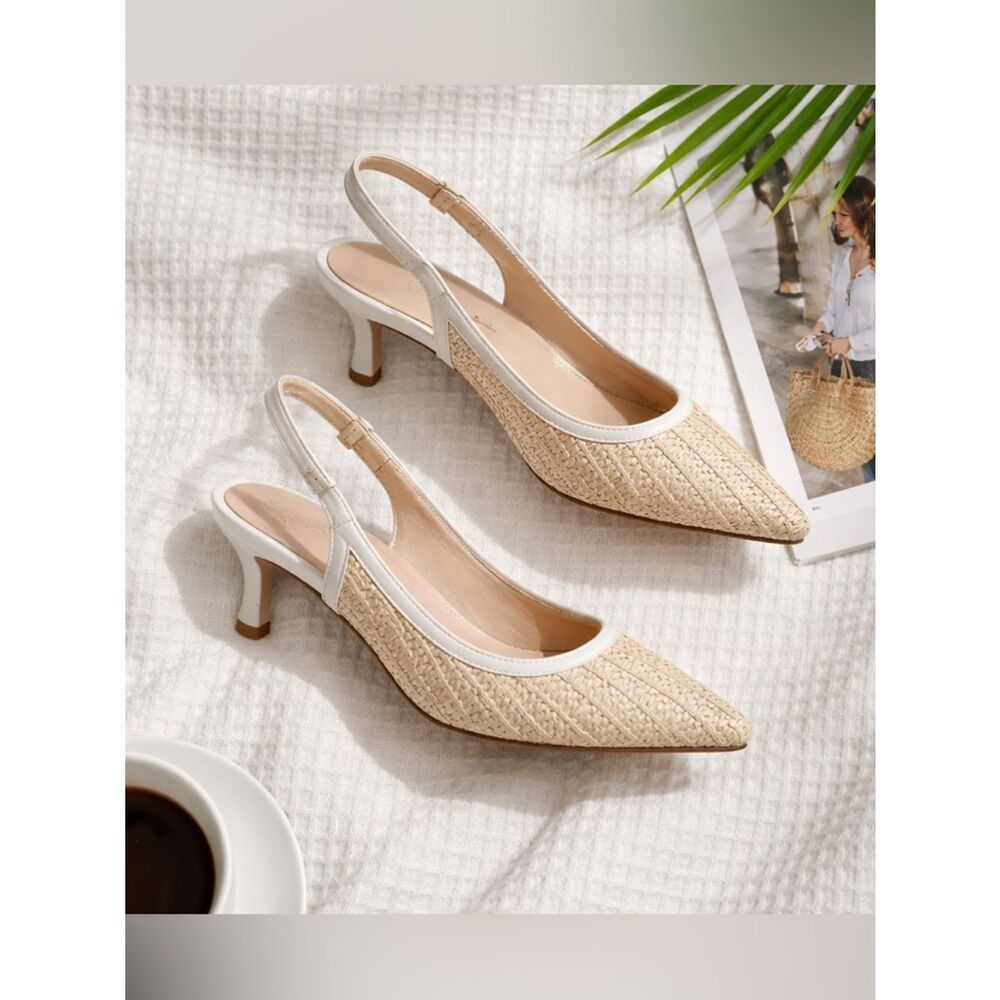 A NEW DAY Women's Beige Milan Raffia Pointy Toe Kitten Heel Slingback Shoes 8 - Picture 2 of 8
